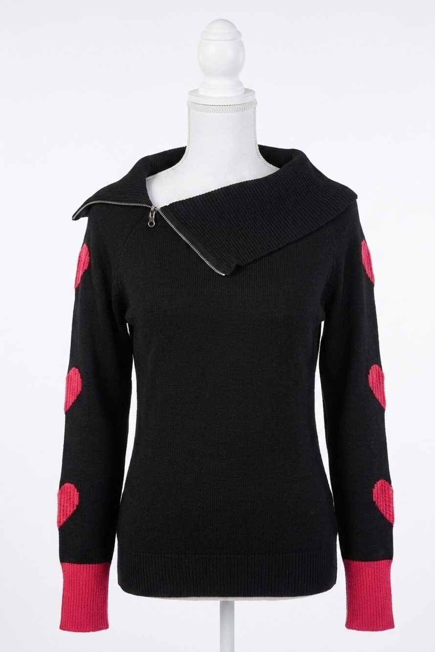 NEW FRENCH KYSS zip ribbed cowl neck with heart detail in black/rose